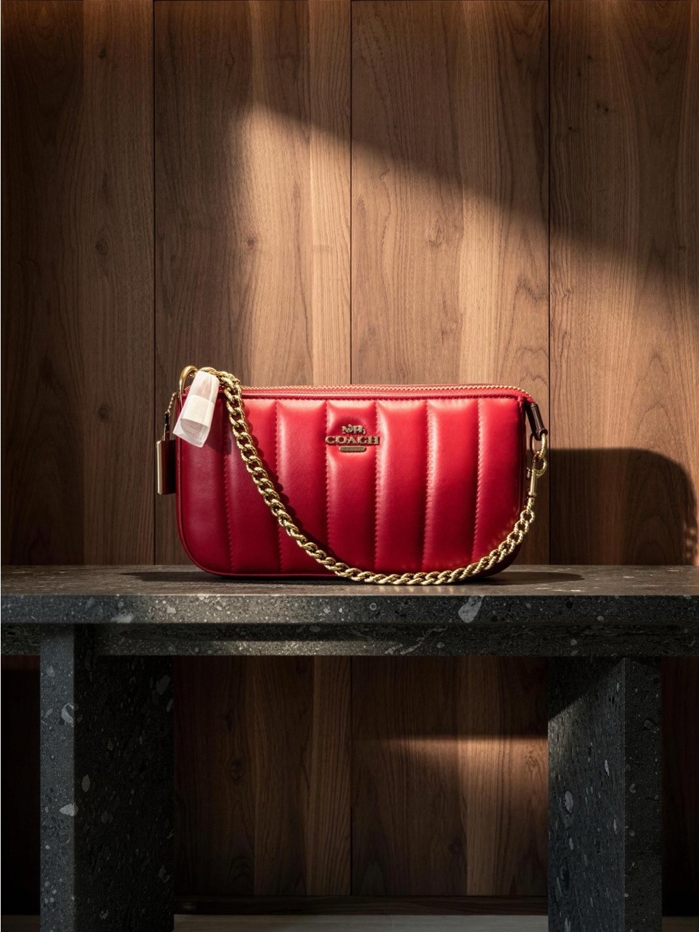 Coach New Mini Red Quilted Leather handbag  with Gold Chain